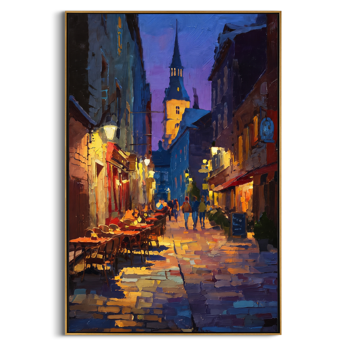 "Night Street Cafe Painting" - Modern Heavy Impasto Abstract Artwork | Blue & Golden Palette Knife Painting | Luxury Vertical Wall Art #PT 900
