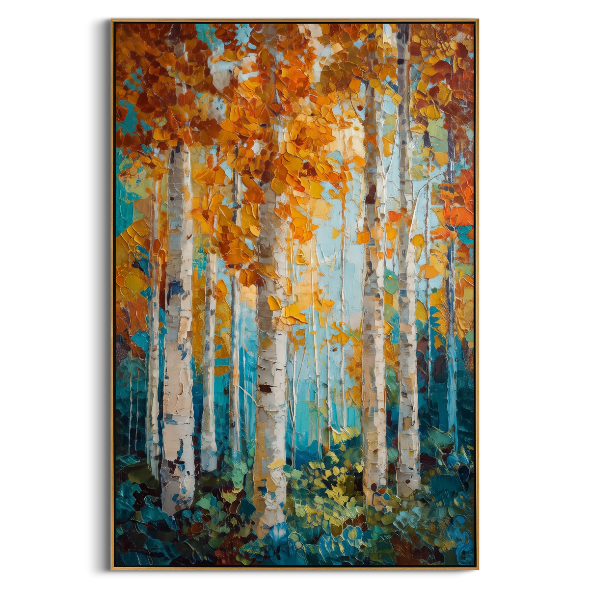 "Autumn Birch Forest Painting" - Modern Heavy Impasto Abstract Artwork | Gold & Blue Palette Knife Painting | Luxury Vertical Wall Art #PT 901