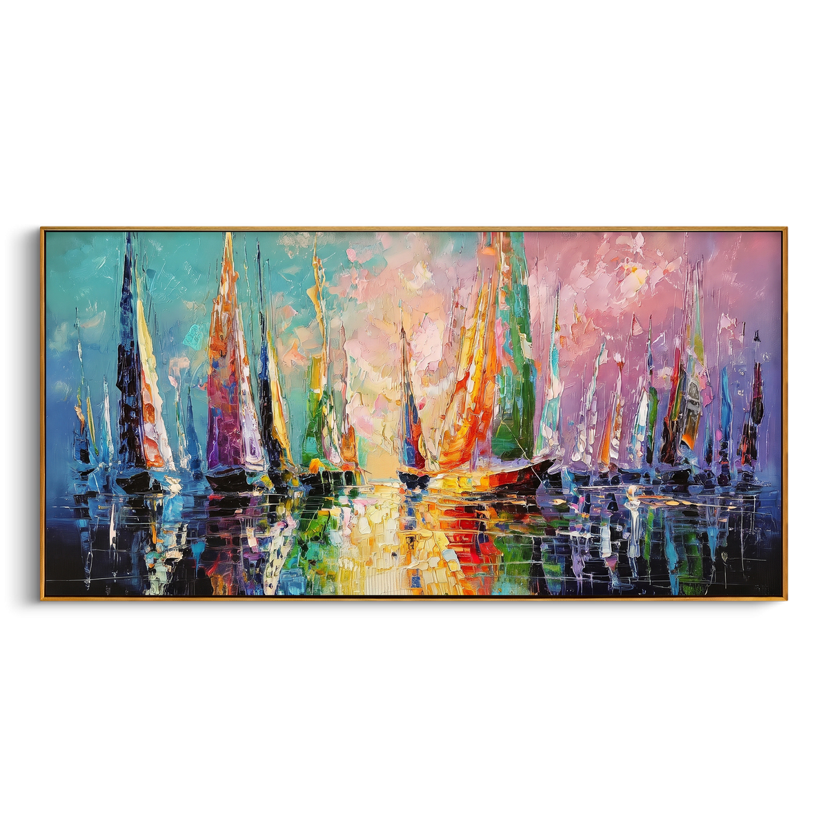 "Colorful Sailboat Harbor Painting" - Modern Heavy Impasto Coastal Landscape | Blue & Pink Palette Knife Painting | Luxury Horizontal Wall Art #PT 903