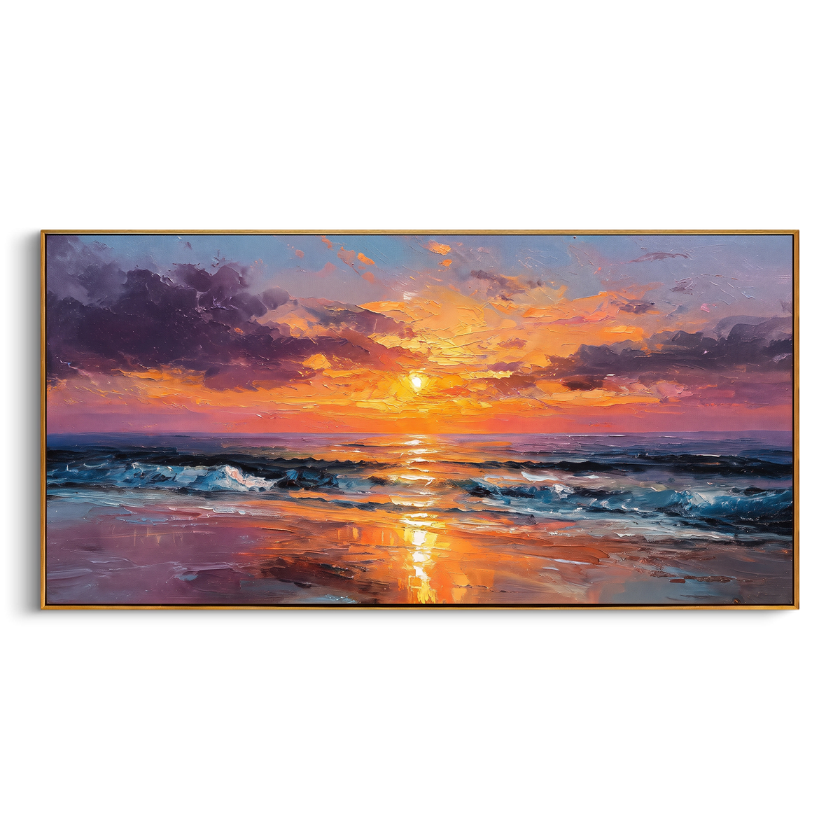 "Ocean Sunset Seascape Painting" - Modern Heavy Impasto Coastal Landscape | Orange & Purple Palette Knife Painting | Luxury Horizontal Wall Art #PT 904