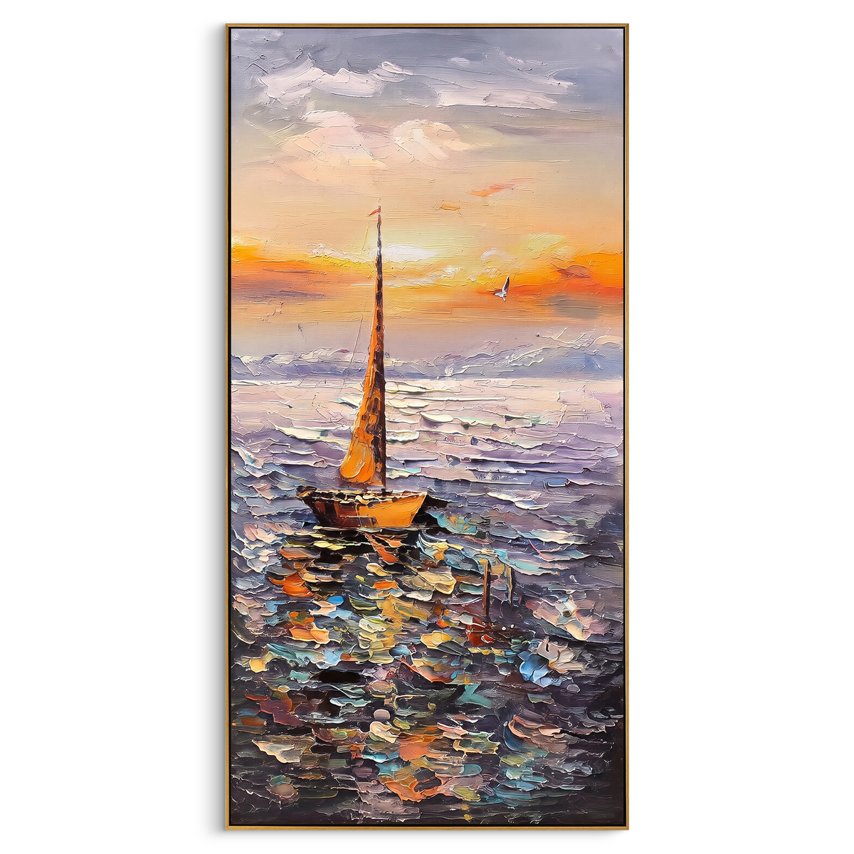 "Sunset Sailboat Seascape Painting" - Modern Heavy Impasto Coastal Landscape | Orange & Purple Palette Knife Painting | Luxury Wall Wall Art #PT 906