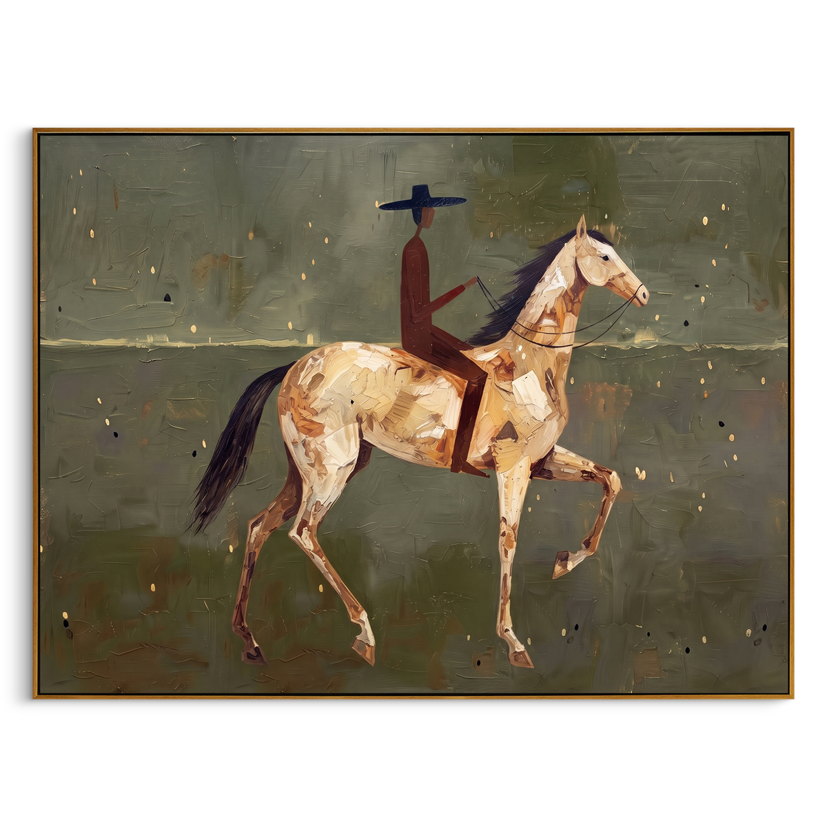"Olive Minimal Rider Horse Painting" - Modern Heavy Impasto Western Animal Artwork | Green & Brown Palette Knife Painting | Luxury Horizontal Wall Art #PT 908