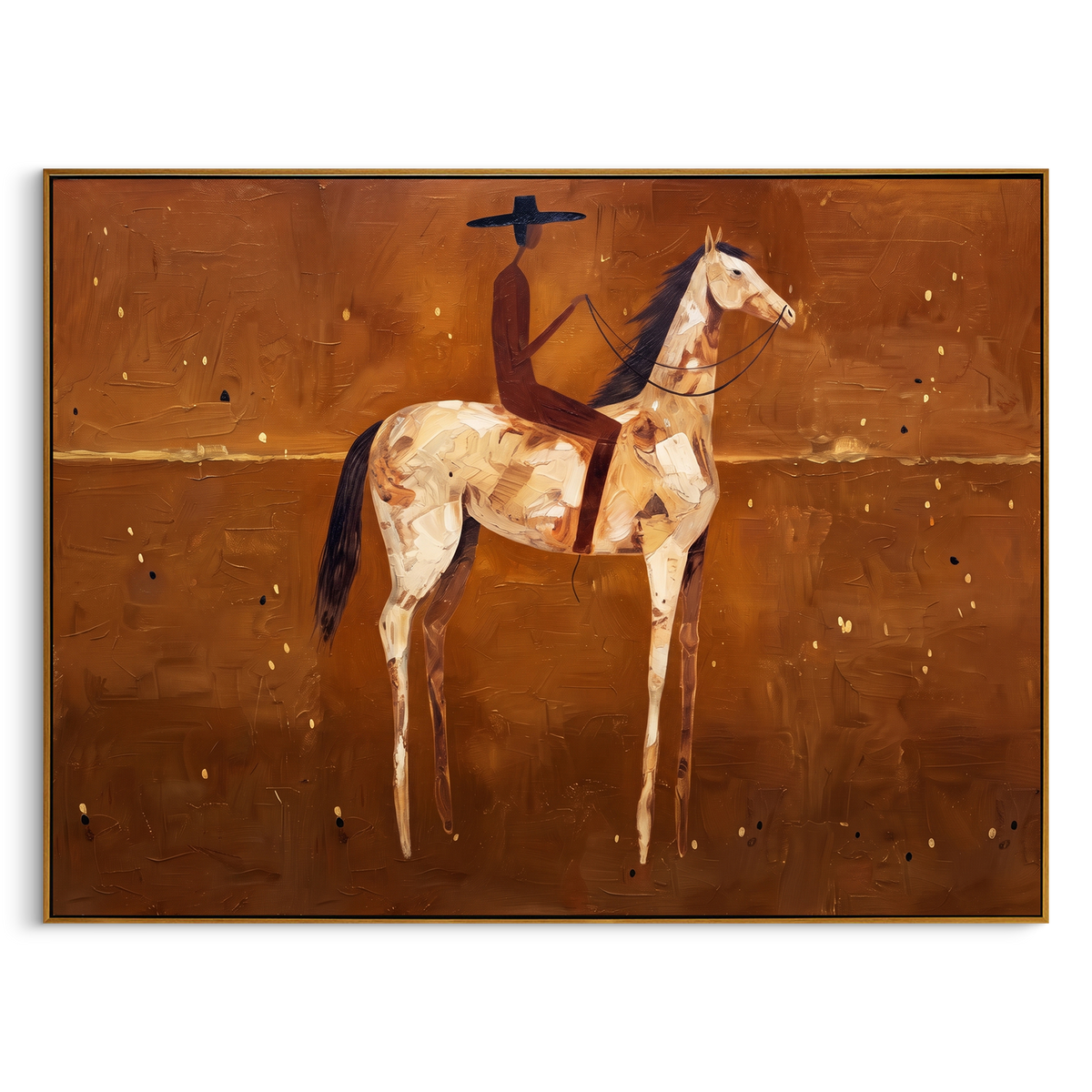 "Warm Minimal Rider Horse Painting" - Modern Heavy Impasto Western Animal Artwork | Brown & Golden Palette Knife Painting | Luxury Horizontal Wall Art #PT 910