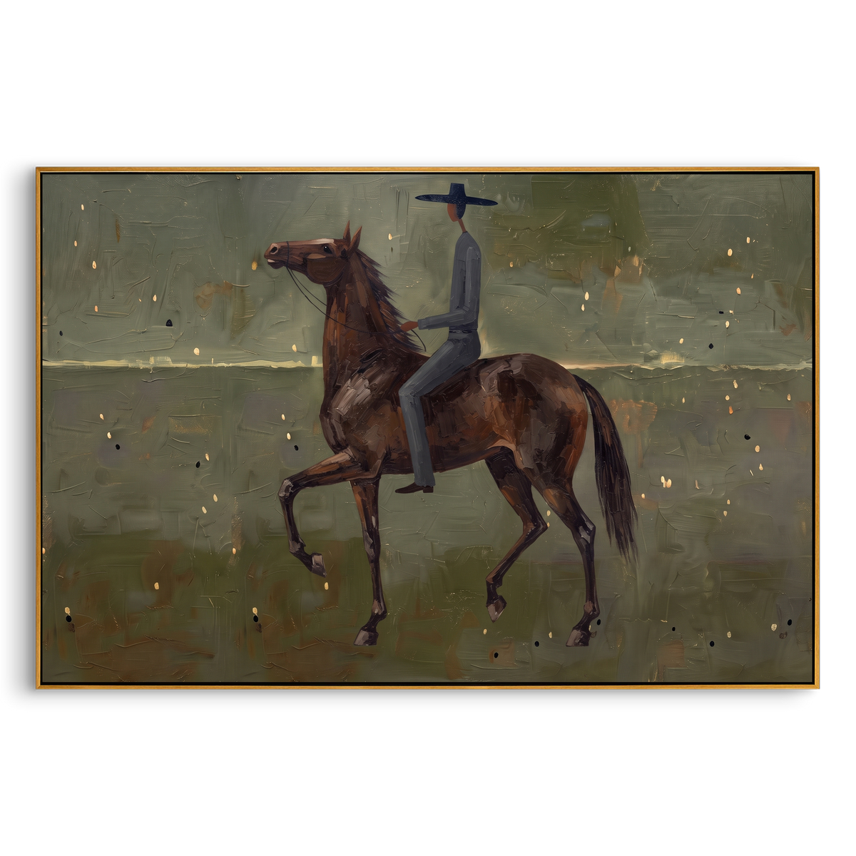 "Olive Brown Rider Horse Painting" - Modern Heavy Impasto Western Animal Artwork | Green & Brown Palette Knife Painting | Luxury Horizontal Wall Art #PT 911