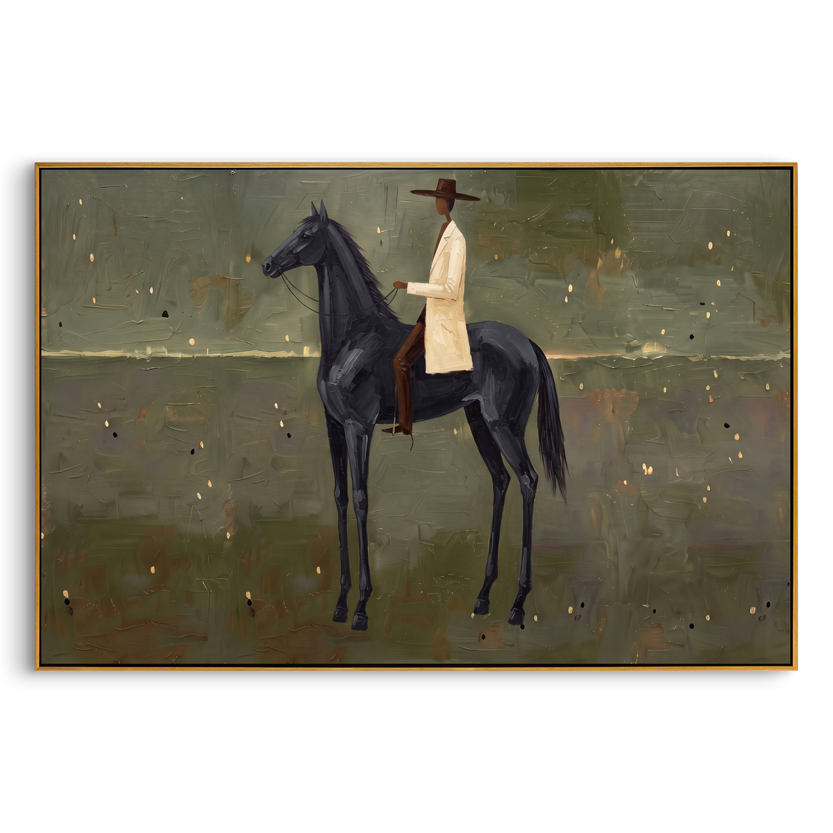 "Olive Black Horse Rider Painting" - Modern Heavy Impasto Western Animal Artwork | Green & Black Palette Knife Painting | Luxury Horizontal Wall Art #PT 912