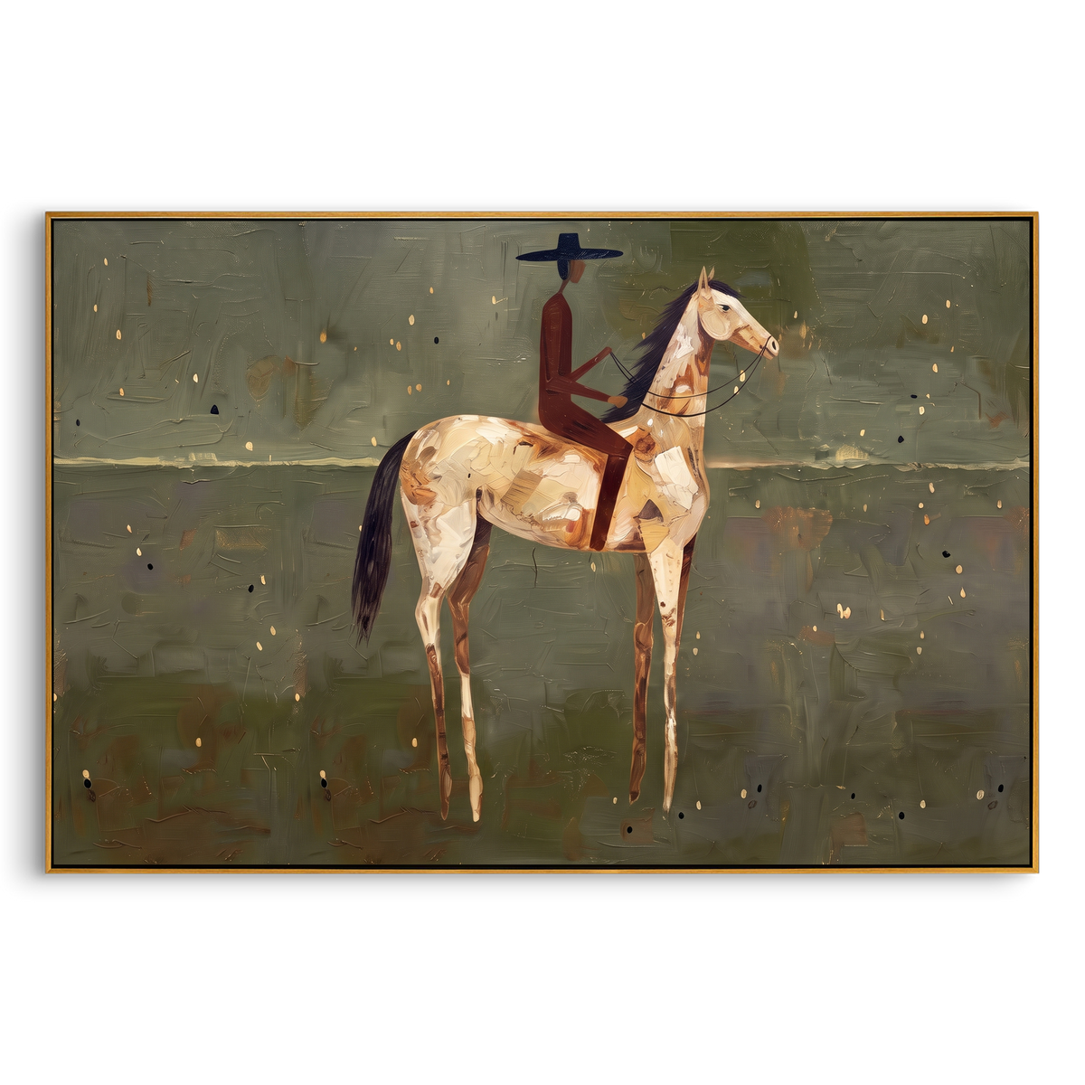 "Olive Rider Horse Textured Painting" - Modern Heavy Impasto Western Animal Artwork | Green & Brown Palette Knife Painting | Luxury Horizontal Wall Art #PT 913