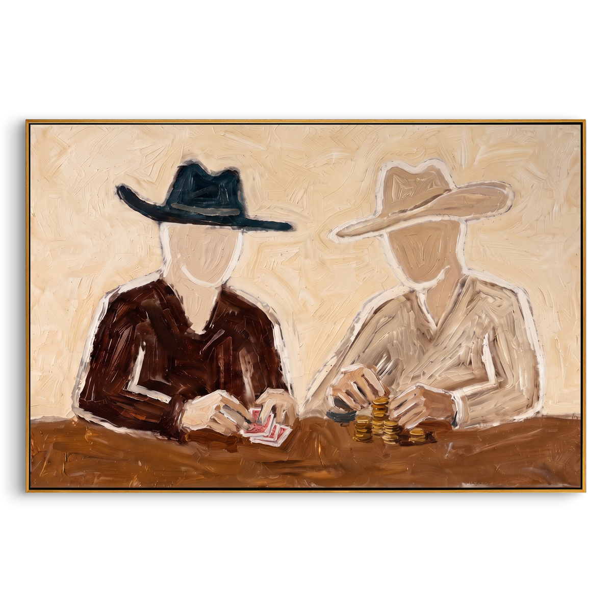 "Western Card Players Textured Painting" - Modern Heavy Impasto Coastal Landscape | Brown & Beige Palette Knife Painting | Luxury Horizontal Wall Art #PT 914