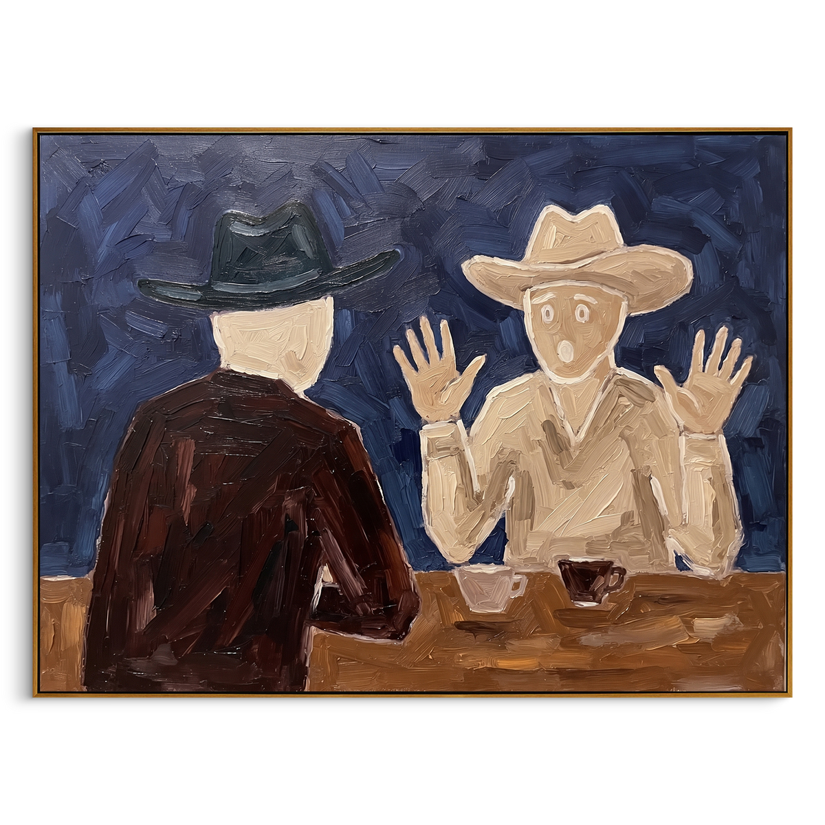 "Blue Western Conversation Painting" - Modern Heavy Impasto Western Animal Artwork | Blue & Brown Palette Knife Painting | Luxury Horizontal Wall Art #PT 915