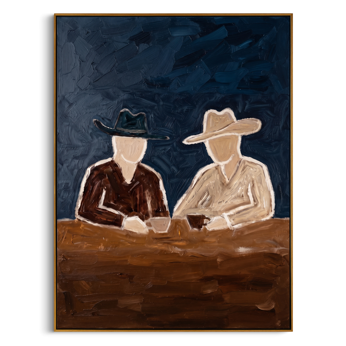 "Navy Western Coffee Painting" - Modern Heavy Impasto Coastal Landscape | Blue & Brown Palette Knife Painting | Luxury Vertical Wall Art #PT 917