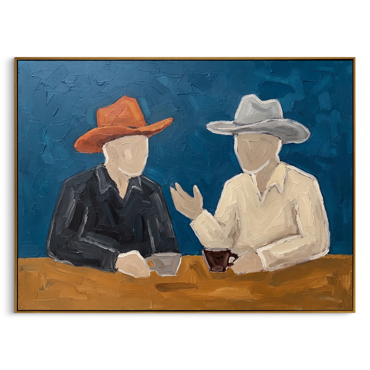 "Navy Western Toast Painting" - Modern Heavy Impasto Western Animal Artwork | Blue & Brown Palette Knife Painting | Luxury Horizontal Wall Art #PT 920