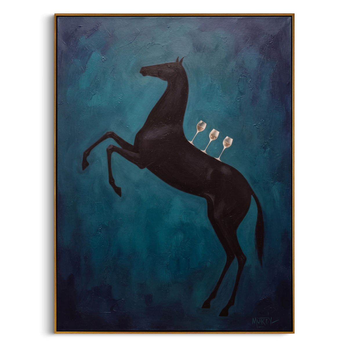 "Blue Black Horse Wine Painting" - Modern Heavy Impasto Western Animal Artwork | Blue & Black Palette Knife Painting | Luxury Vertical Wall Art #PT 922