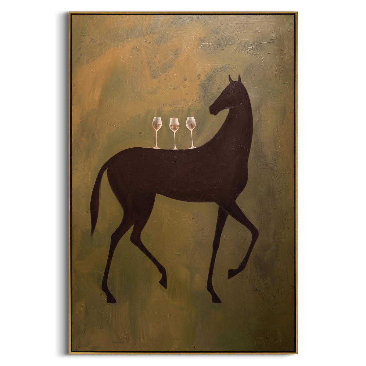 "Olive Black Horse Wine Painting" - Modern Heavy Impasto Western Animal Artwork | Green & Black Palette Knife Painting | Luxury Vertical Wall Art #PT 923