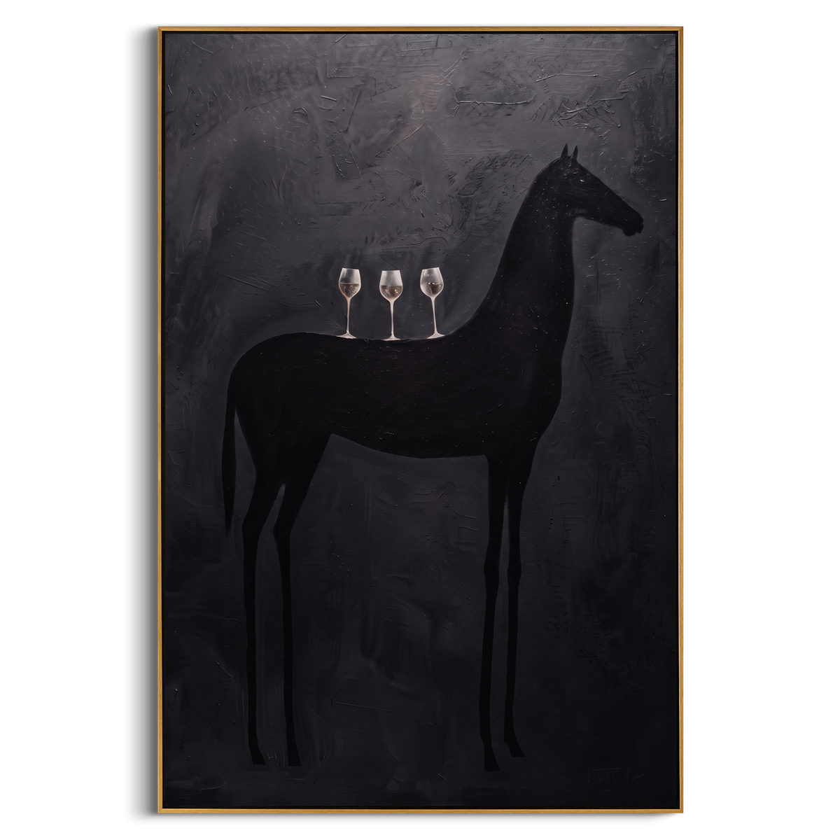 "Black Horse Wine Painting" - Modern Heavy Impasto Western Animal Artwork | Black & Grey Palette Knife Painting | Luxury Vertical Wall Art #PT 924