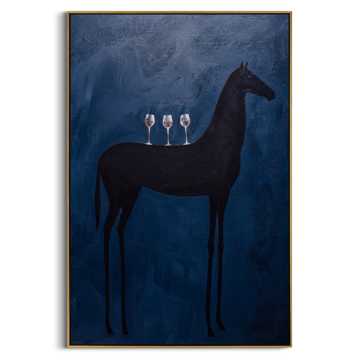 "Blue Black Horse Wine Painting" - Modern Heavy Impasto Western Animal Artwork | Blue & Black Palette Knife Painting | Luxury Vertical Wall Art #PT 925