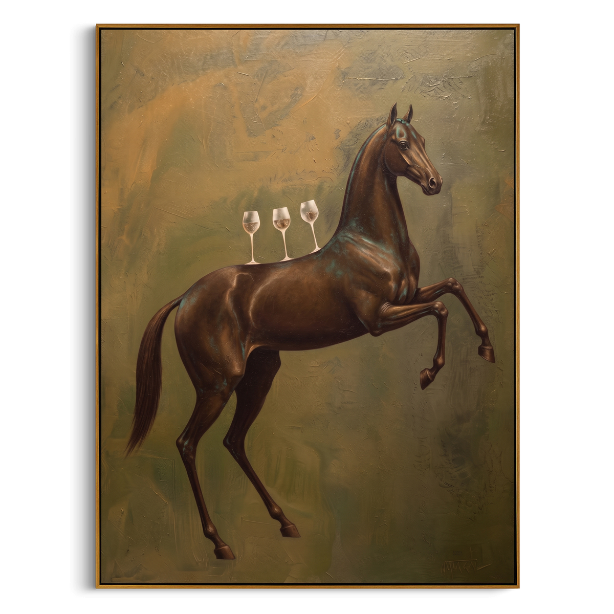 "Brown Horse Wine Painting" - Modern Heavy Impasto Western Animal Artwork | Brown & Green Palette Knife Painting | Luxury Vertical Wall Art #PT 926