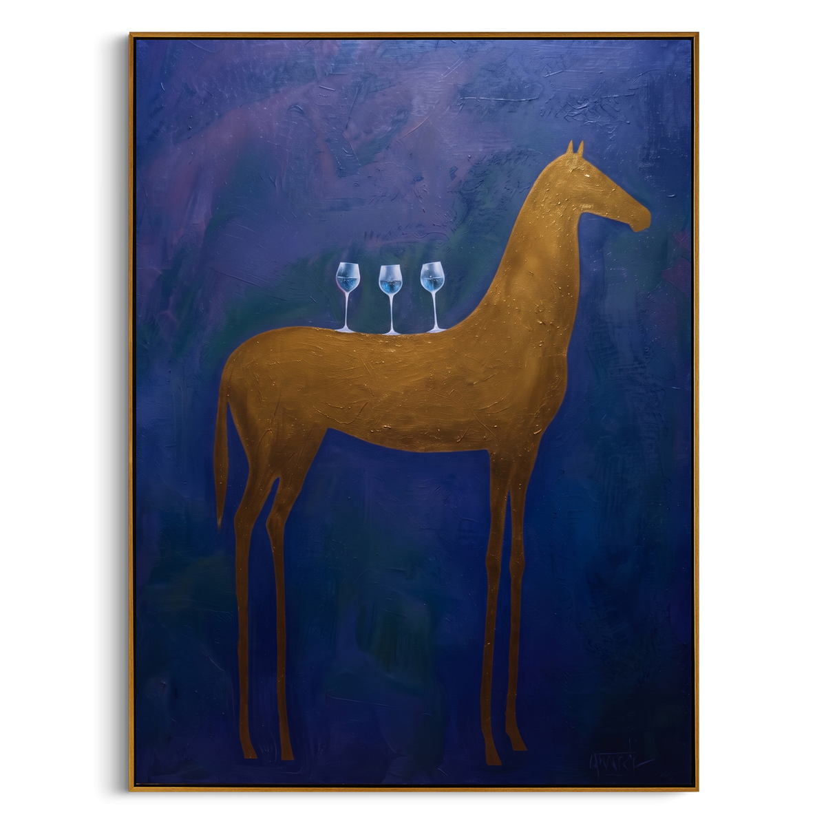 "Golden Horse Wine Painting" - Modern Heavy Impasto Western Animal Artwork | Blue & Golden Palette Knife Painting | Luxury Vertical Wall Art #PT 927
