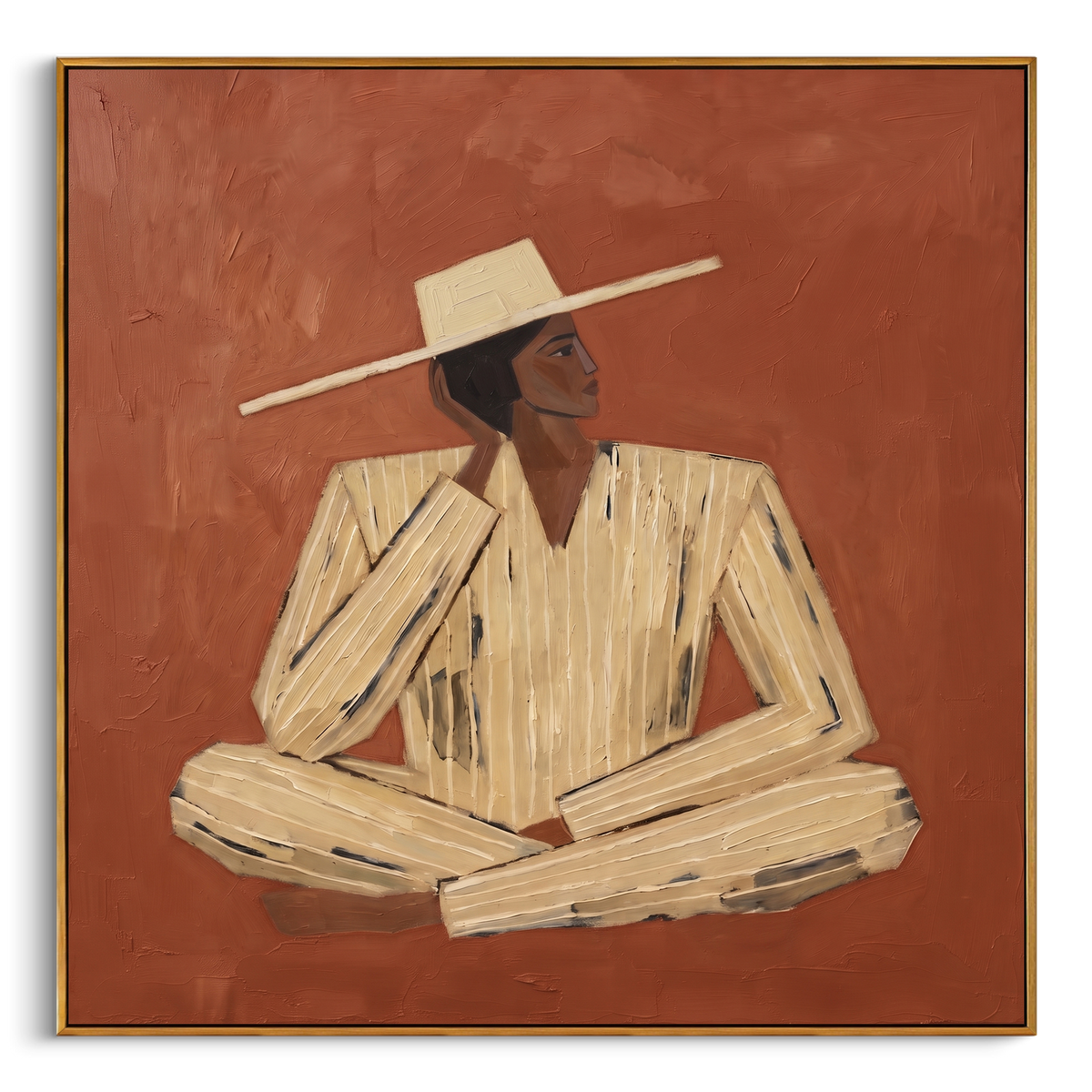"Terracotta Seated Figure Painting" - Modern Heavy Impasto Coastal Landscape | Orange & Beige Palette Knife Painting | Luxury Square Wall Art #PT 929
