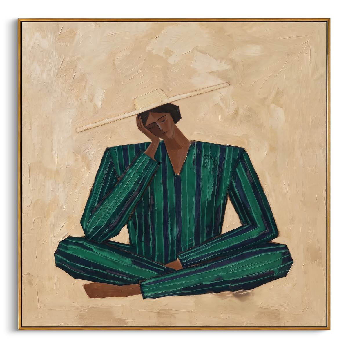 "Green Seated Figure Painting" - Modern Heavy Impasto Coastal Landscape | Green & Beige Palette Knife Painting | Luxury Square Wall Art #PT 930