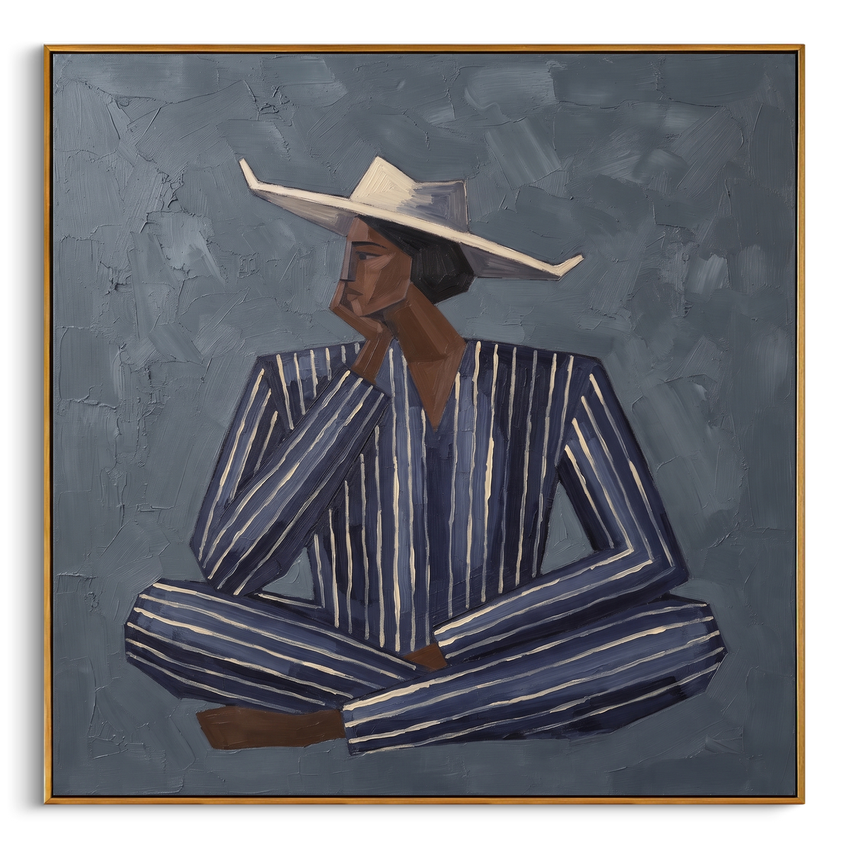 "Grey Striped Seated Figure Painting" - Modern Heavy Impasto Coastal Landscape | Grey & Blue Palette Knife Painting | Luxury Square Wall Art #PT 932