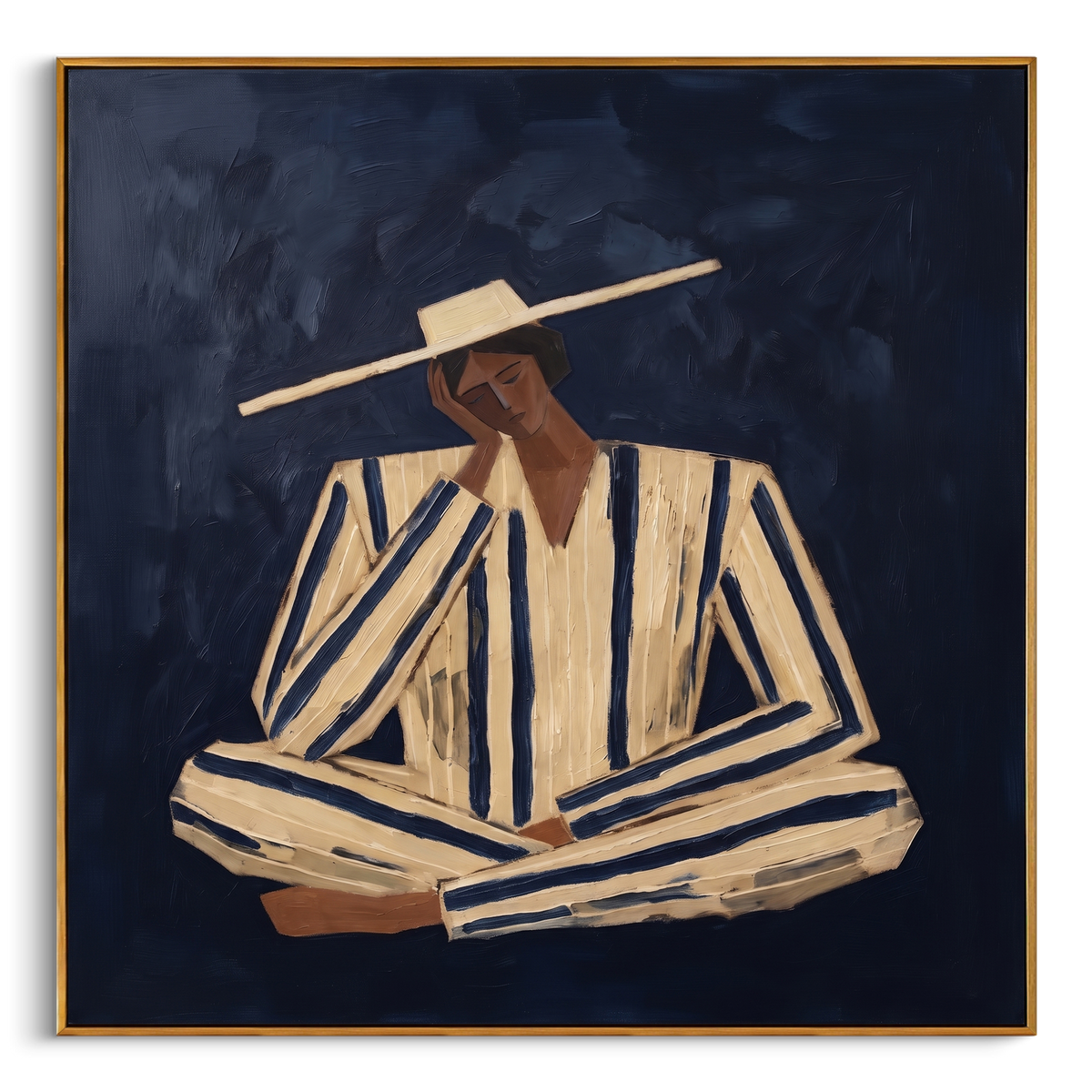"Navy Striped Seated Figure Painting" - Modern Heavy Impasto Coastal Landscape | Blue & Beige Palette Knife Painting | Luxury Square Wall Art #PT 933