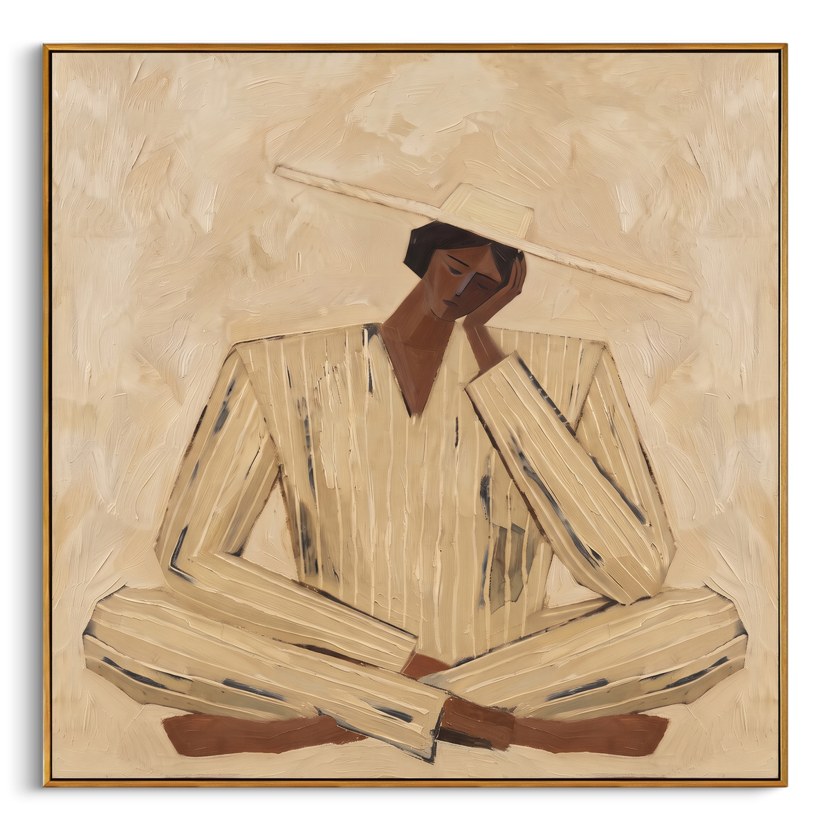 "Cream Seated Figure Painting" - Modern Heavy Impasto Coastal Landscape | Beige & Brown Palette Knife Painting | Luxury Square Wall Art #PT 934