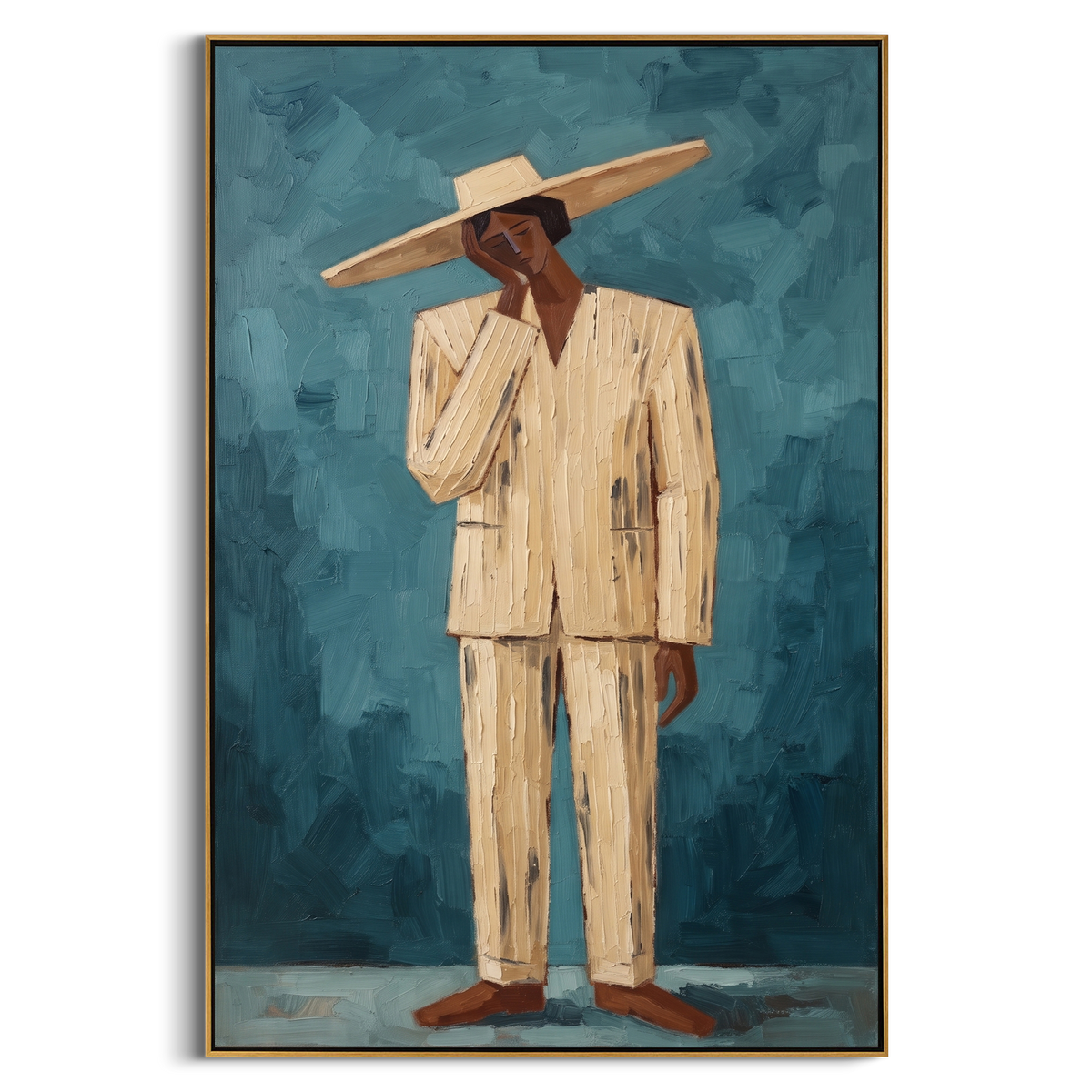 "Blue Western Standing Figure Painting" - Modern Heavy Impasto Western Animal Artwork | Blue & Beige Palette Knife Painting | Luxury Vertical Wall Art #PT 936