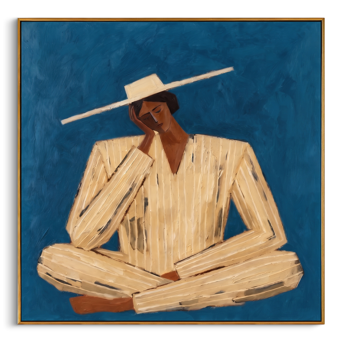 "Blue Resting Western Figure Painting" - Modern Heavy Impasto Coastal Landscape | Blue & Beige Palette Knife Painting | Luxury Square Wall Art #PT 938