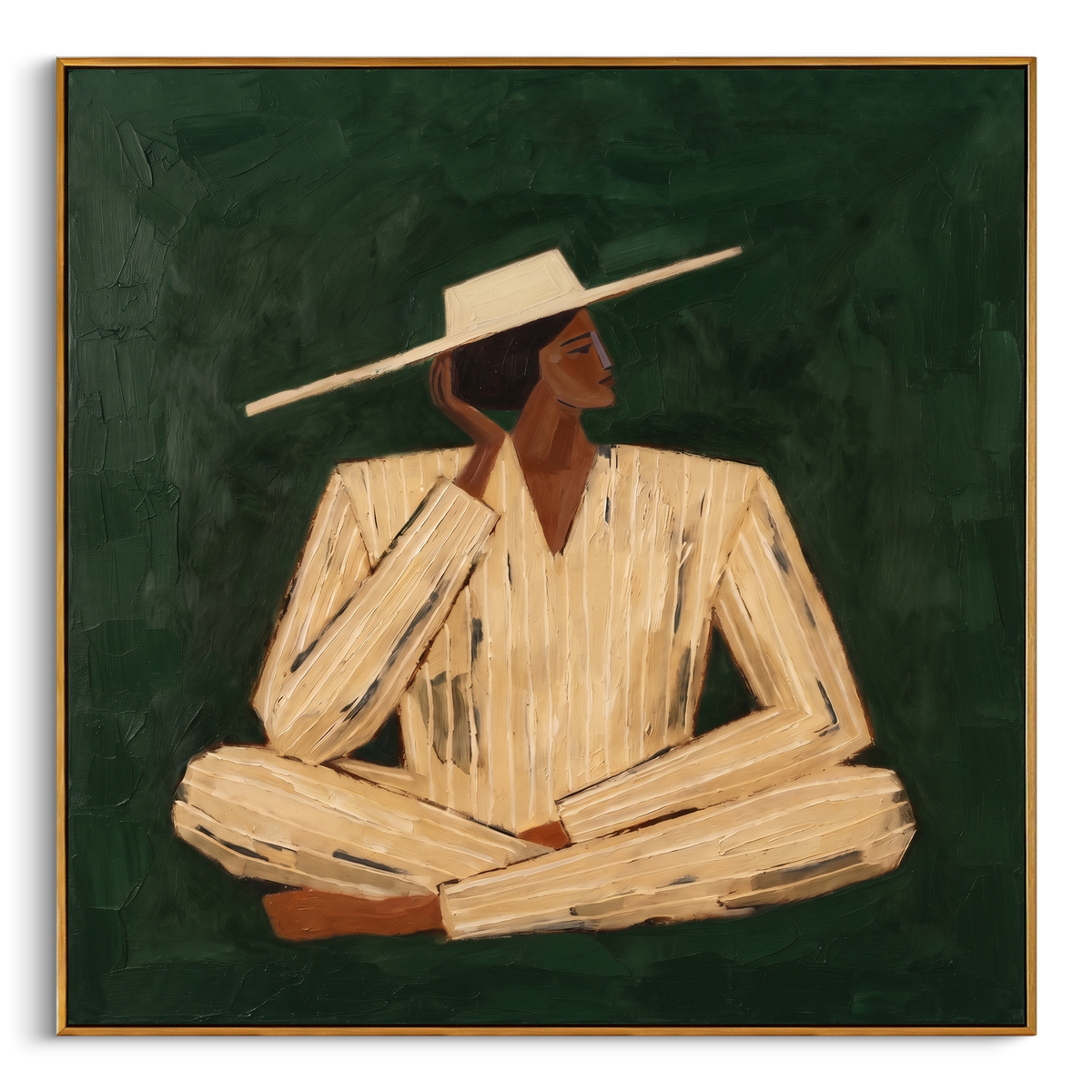 "Green Resting Western Figure Painting" - Modern Heavy Impasto Coastal Landscape | Green & Beige Palette Knife Painting | Luxury Square Wall Art #PT 939