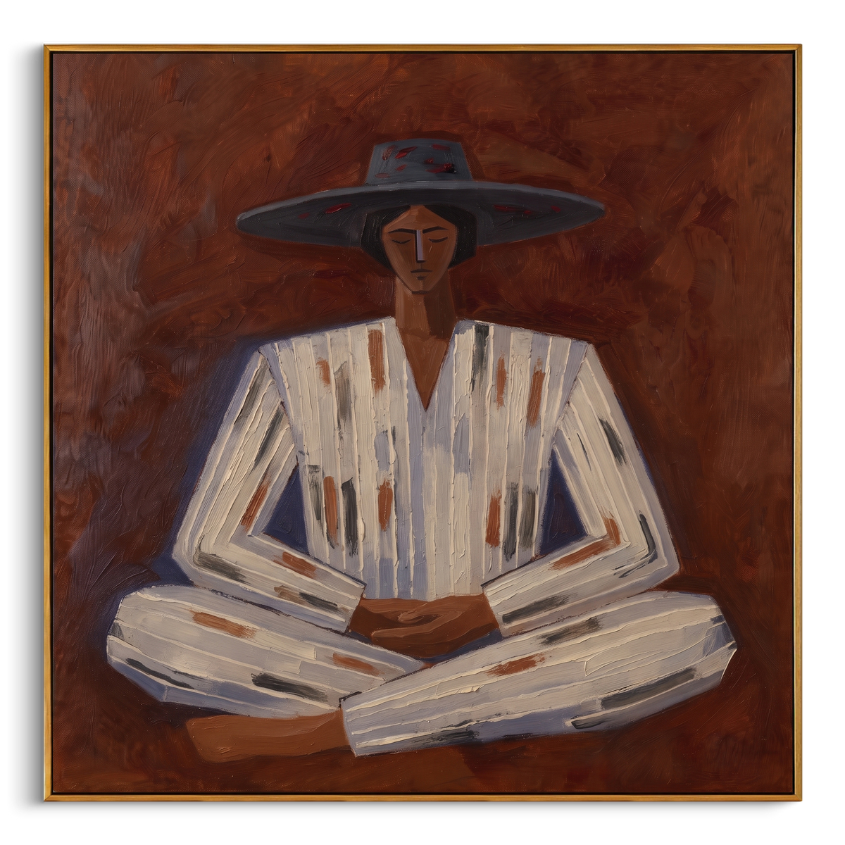 "Grey Hat Western Figure Painting" - Modern Heavy Impasto Coastal Landscape | Brown & Grey Palette Knife Painting | Luxury Square Wall Art #PT 940