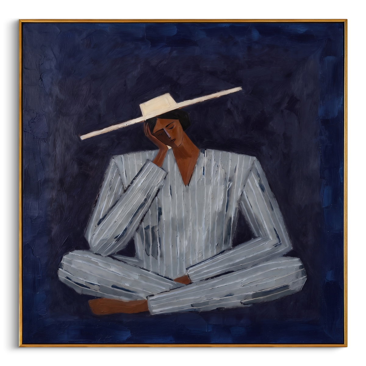 "Navy Resting Western Figure Painting" - Modern Heavy Impasto Coastal Landscape | Blue & Grey Palette Knife Painting | Luxury Square Wall Art #PT 941