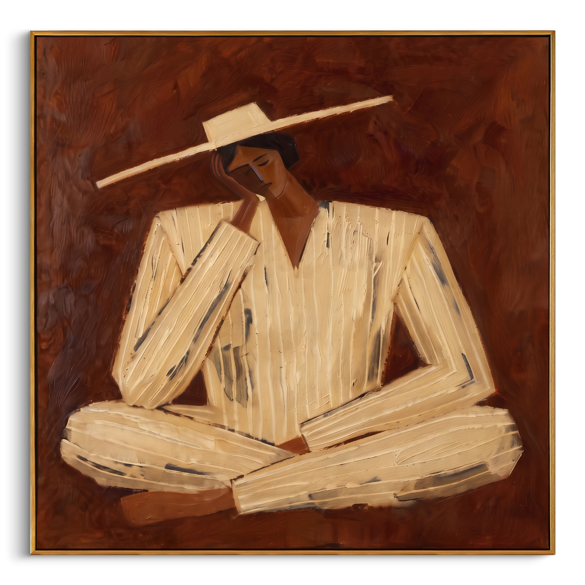 "Brown Resting Western Figure Painting" - Modern Heavy Impasto Coastal Landscape | Brown & Beige Palette Knife Painting | Luxury Square Wall Art #PT 942