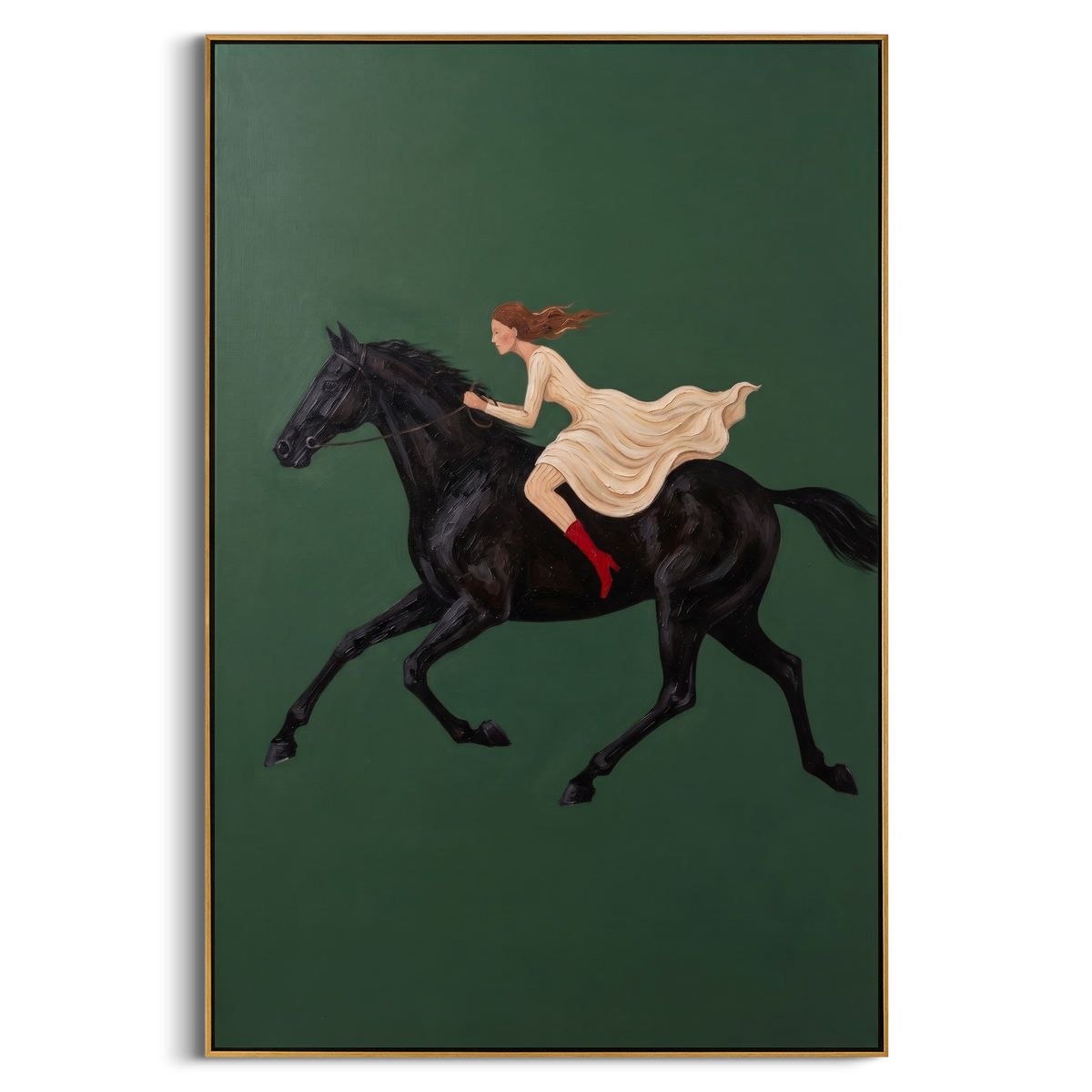 "Green Horse Rider Painting" - Modern Heavy Impasto Western Animal Artwork | Green & Black Palette Knife Painting | Luxury Vertical Wall Art #PT 947
