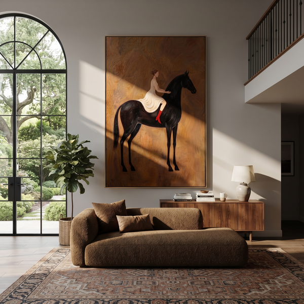 "Classic Black Horse Rider Painting" - Modern Heavy Impasto Coastal Landscape | Brown & Black Palette Knife Painting | Luxury Vertical Wall Art #PT 948