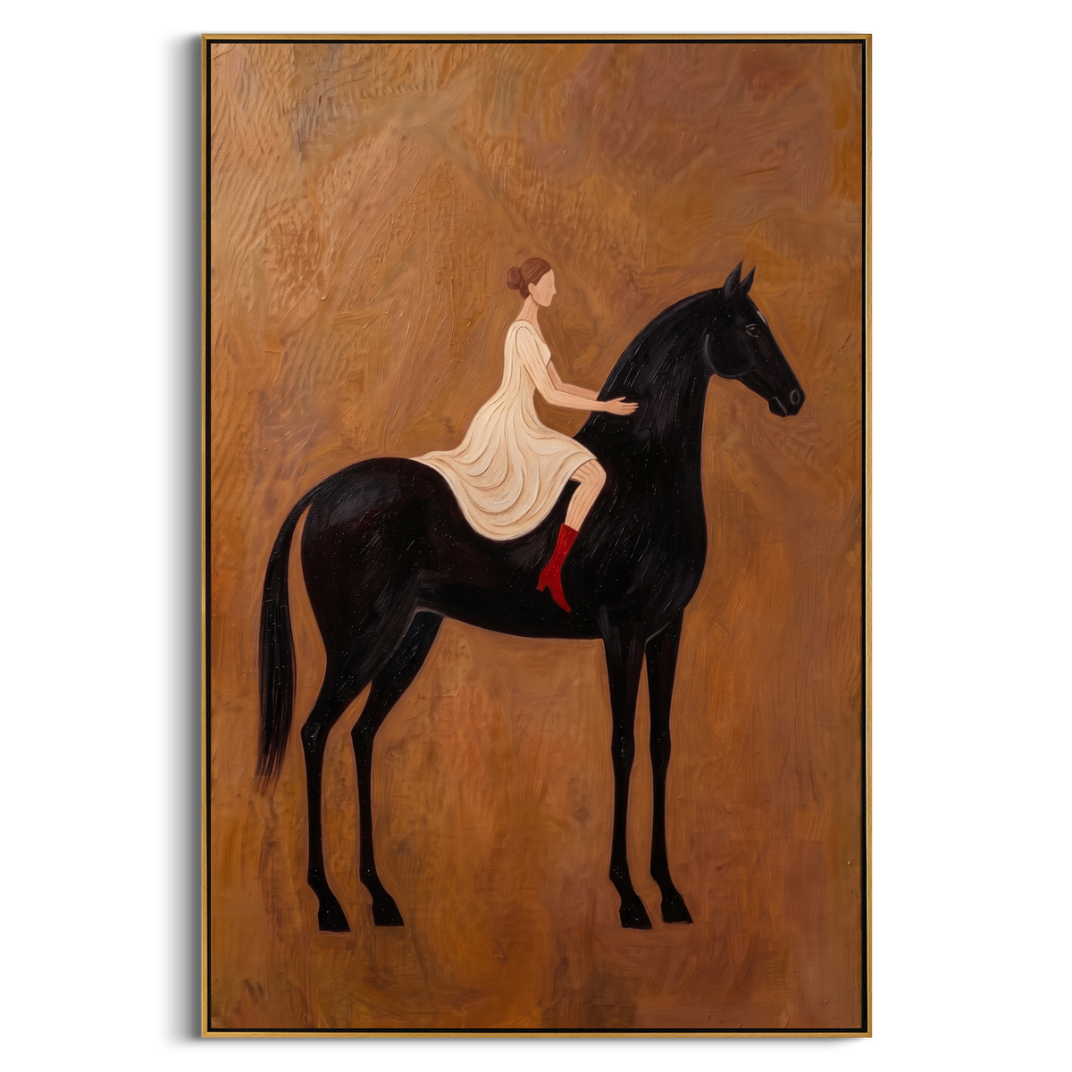 "Classic Black Horse Rider Painting" - Modern Heavy Impasto Coastal Landscape | Brown & Black Palette Knife Painting | Luxury Vertical Wall Art #PT 948