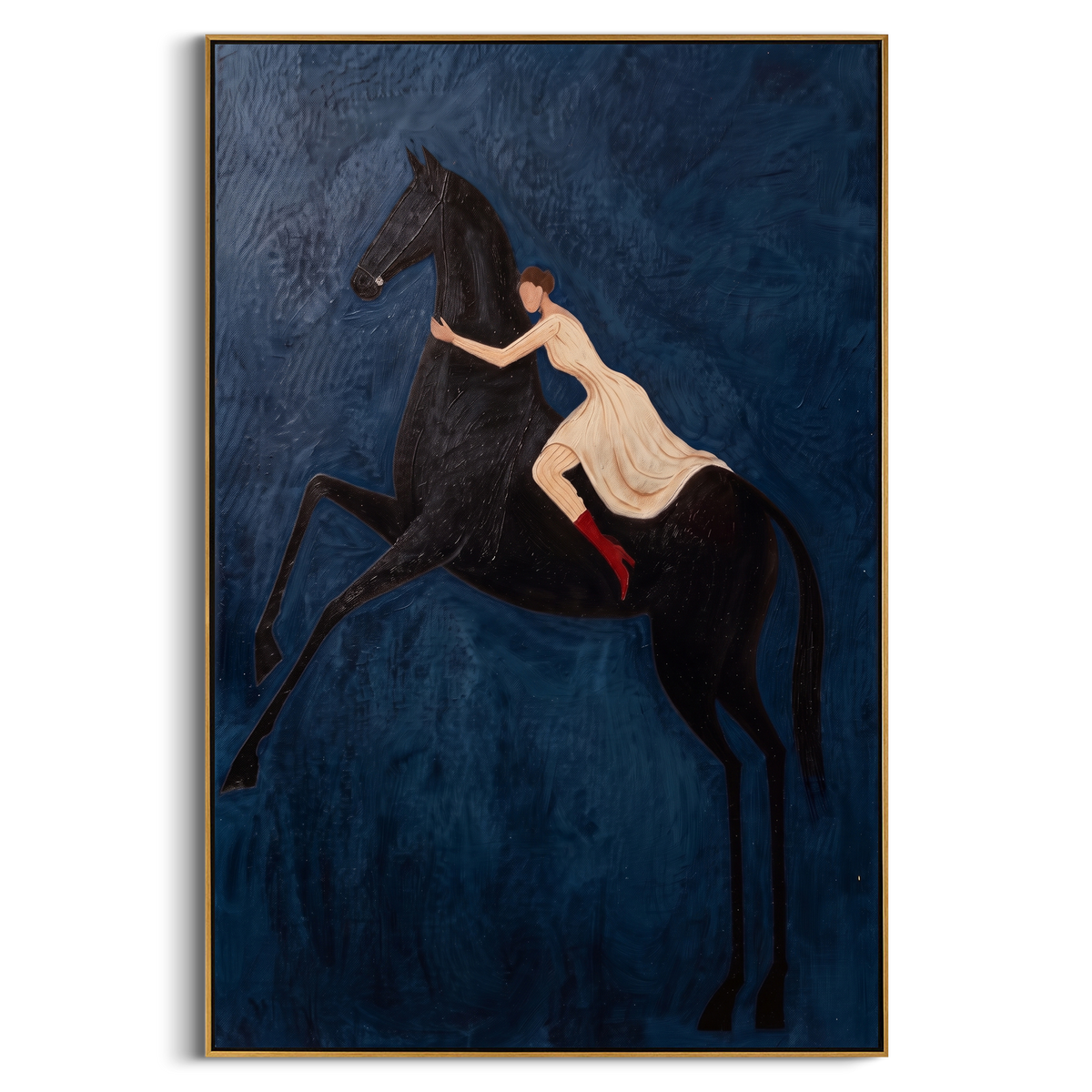 "Blue Black Horse Rider Painting" - Modern Heavy Impasto Western Animal Artwork | Blue & Black Palette Knife Painting | Luxury Vertical Wall Art #PT 949