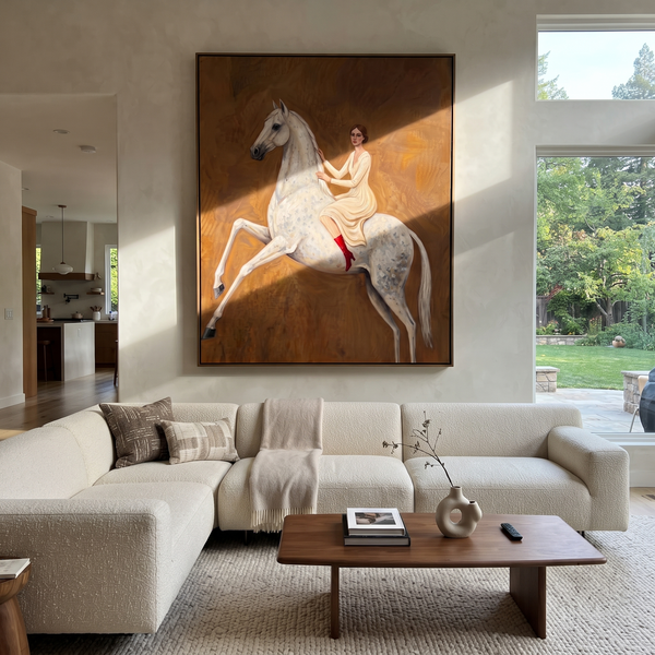 "White Horse Rider Painting" - Modern Heavy Impasto Western Animal Artwork | Brown & White Palette Knife Painting | Luxury Vertical Wall Art #PT 951