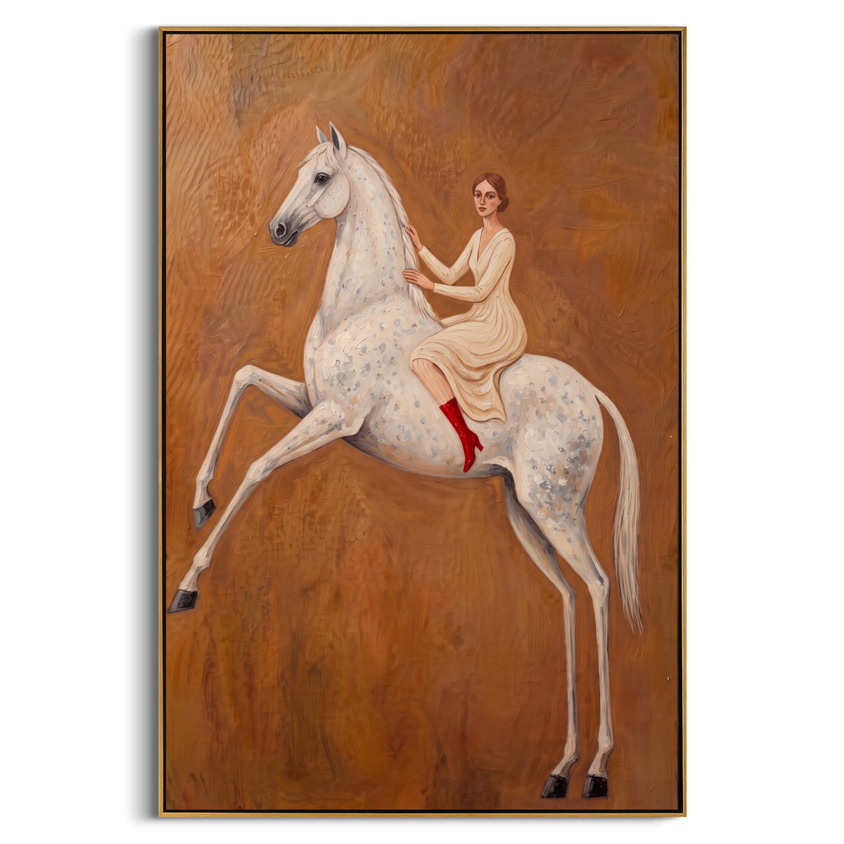 "White Horse Rider Painting" - Modern Heavy Impasto Western Animal Artwork | Brown & White Palette Knife Painting | Luxury Vertical Wall Art #PT 951