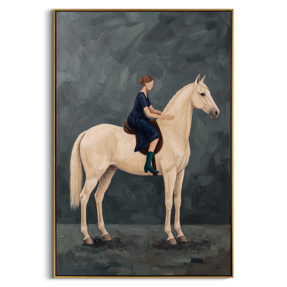 "Grey White Horse Rider Painting" - Modern Heavy Impasto Coastal Landscape | Grey & White Palette Knife Painting | Luxury Vertical Wall Art #PT 952