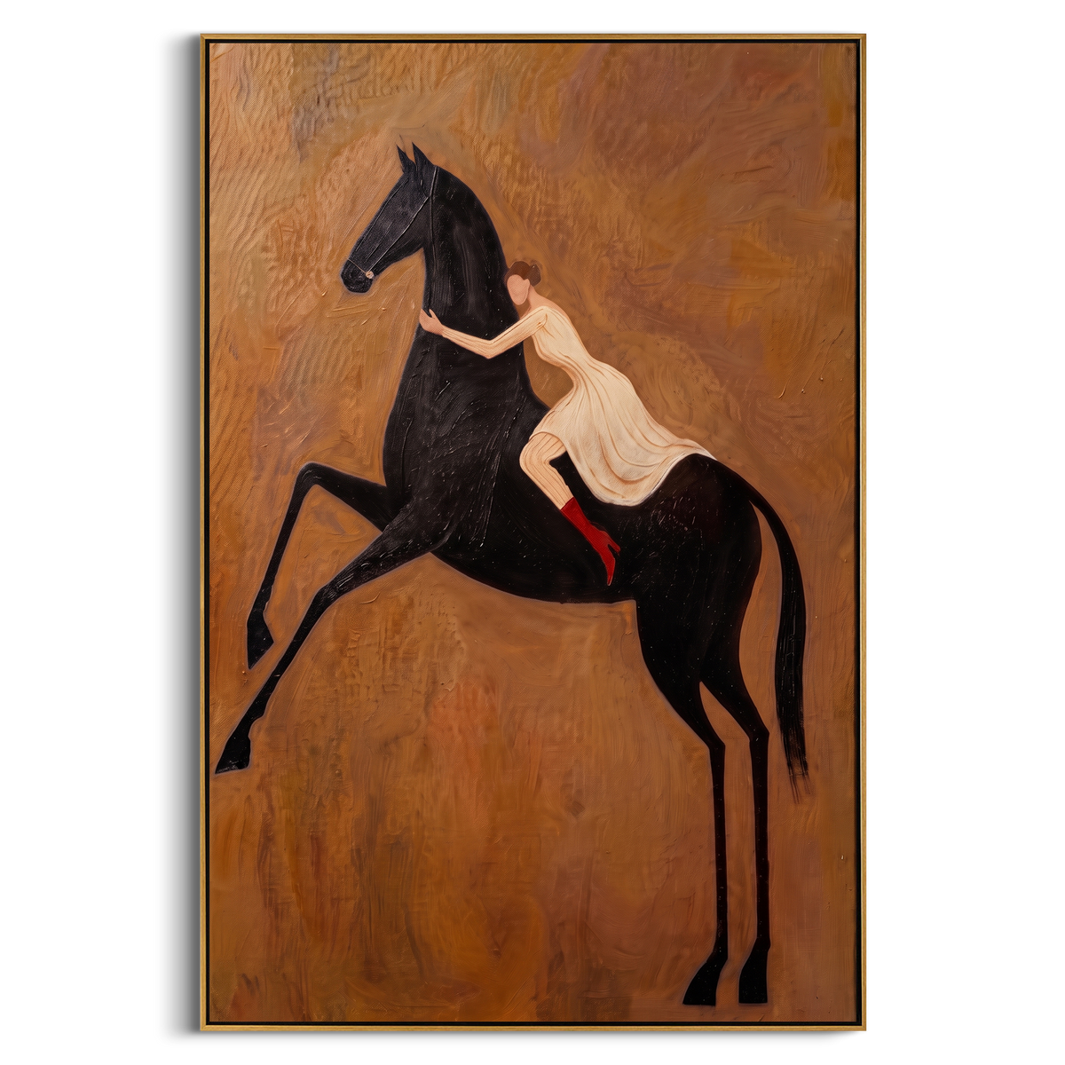 "Warm Black Horse Rider Painting" - Modern Heavy Impasto Western Animal Artwork | Brown & Black Palette Knife Painting | Luxury Vertical Wall Art #PT 954