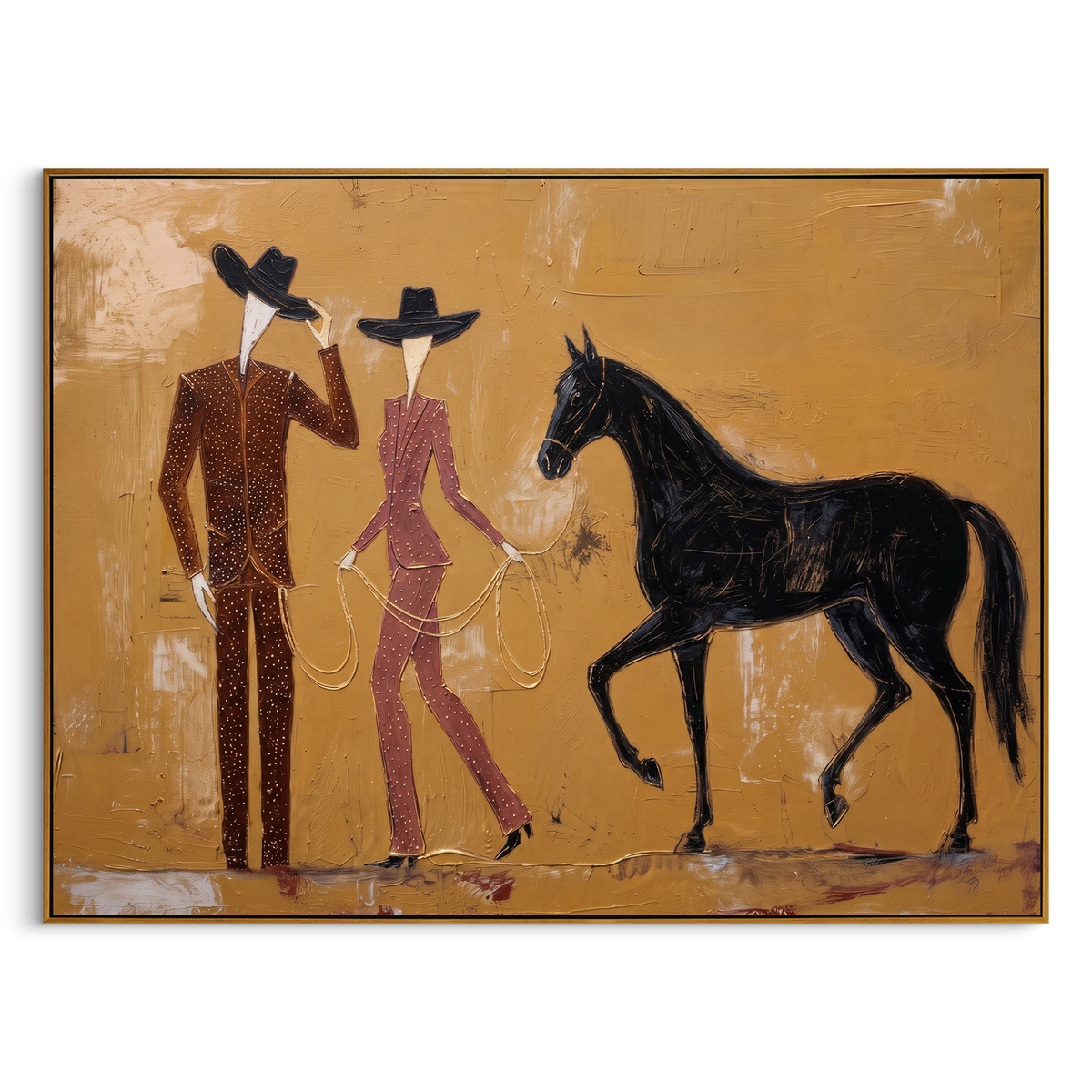 "Western Horse Handlers Painting" - Modern Heavy Impasto Western Animal Artwork | Golden & Brown Palette Knife Painting | Luxury Horizontal Wall Art #PT 955