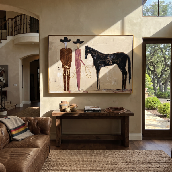 "Cream Western Horse Handlers Painting" - Modern Heavy Impasto Western Animal Artwork | Beige & Black Palette Knife Painting | Luxury Horizontal Wall Art #PT 956