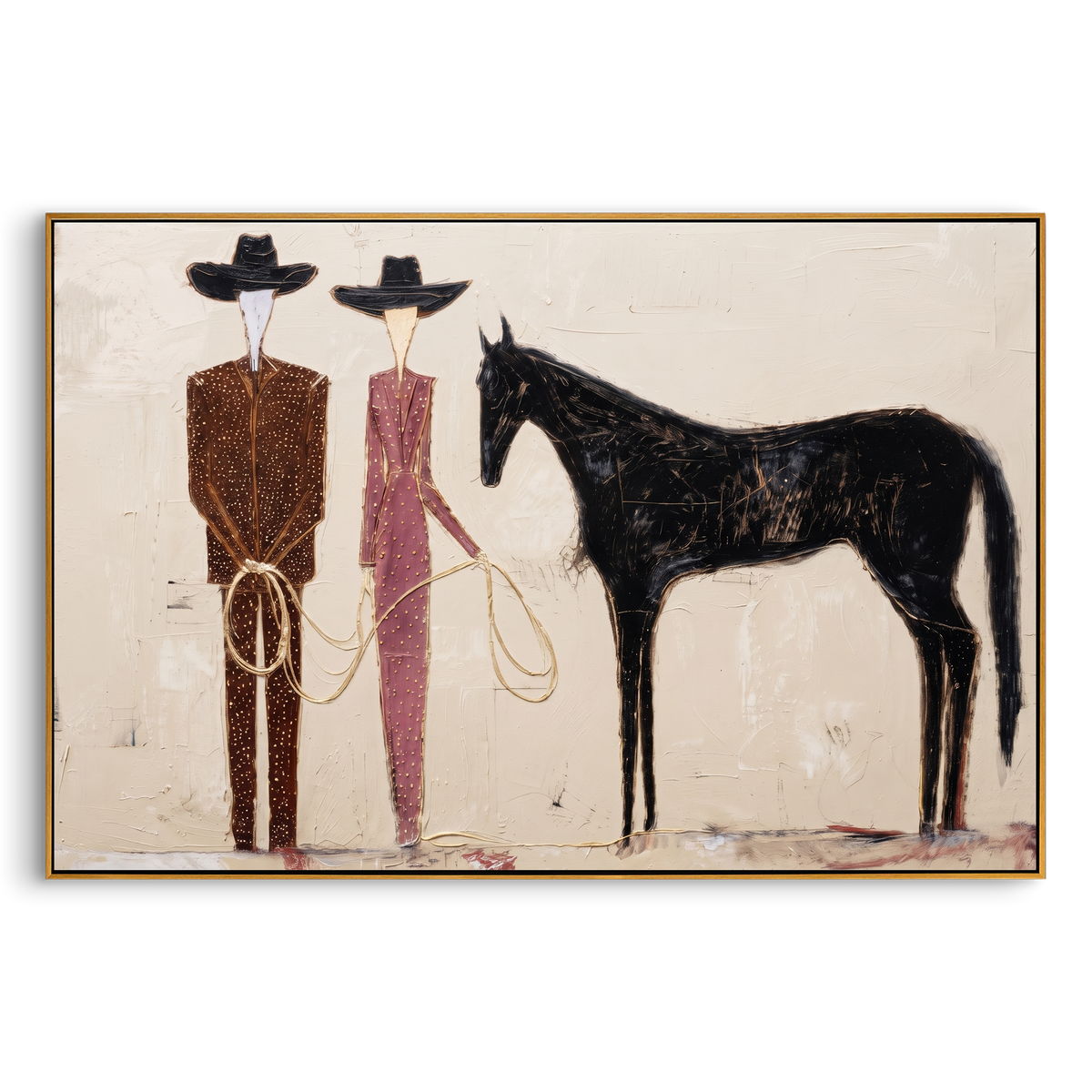 "Cream Western Horse Handlers Painting" - Modern Heavy Impasto Western Animal Artwork | Beige & Black Palette Knife Painting | Luxury Horizontal Wall Art #PT 956