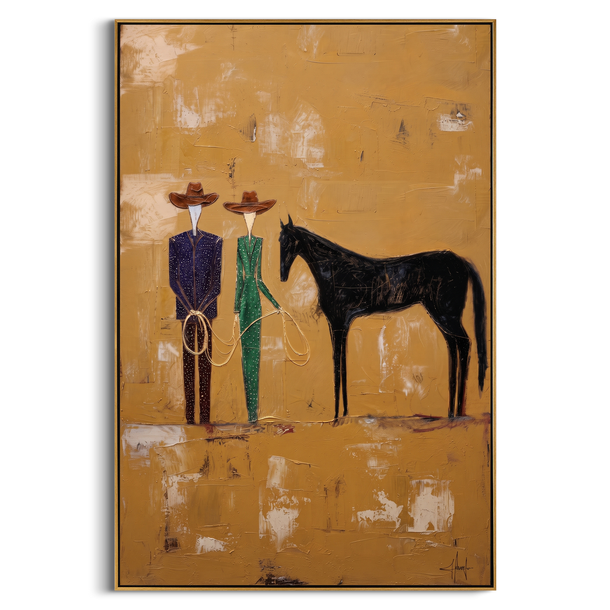 "Green Western Horse Handlers Painting" - Modern Heavy Impasto Western Animal Artwork | Golden & Green Palette Knife Painting | Luxury Vertical Wall Art #PT 957