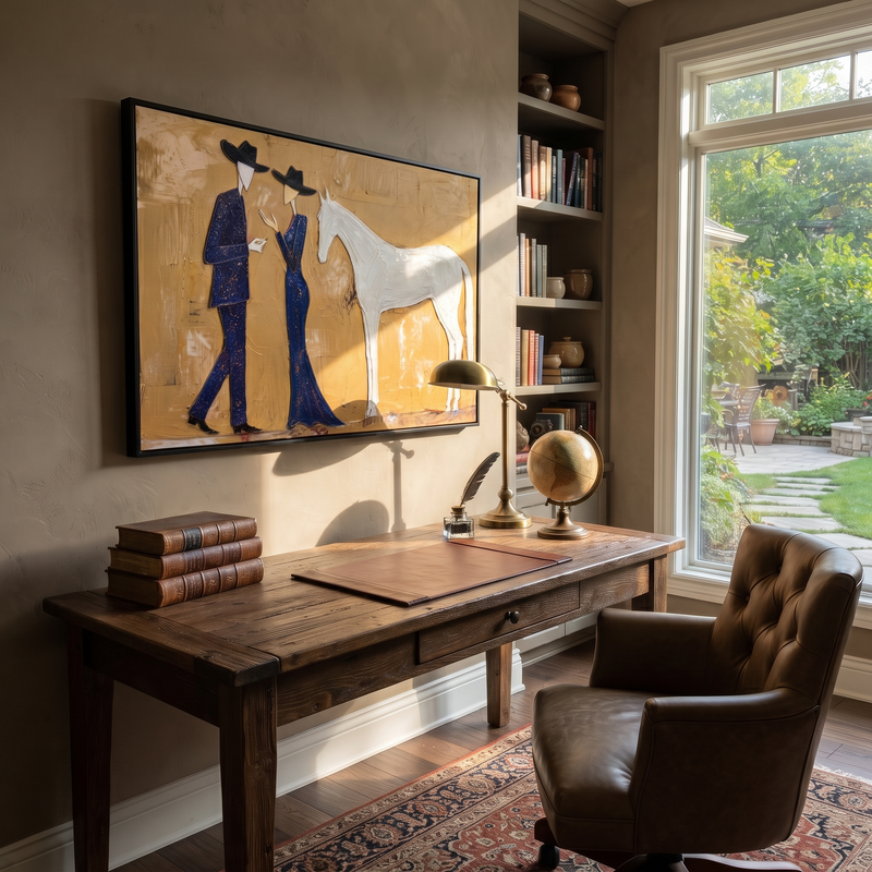 "Blue Western White Horse Painting" - Modern Heavy Impasto Western Animal Artwork | Golden & Blue Palette Knife Painting | Luxury Horizontal Wall Art #PT 958