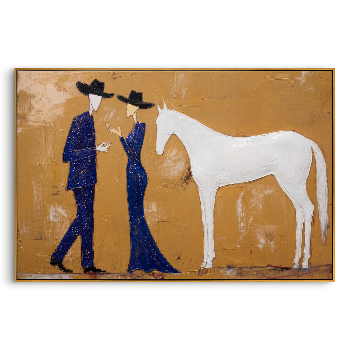 "Blue Western White Horse Painting" - Modern Heavy Impasto Western Animal Artwork | Golden & Blue Palette Knife Painting | Luxury Horizontal Wall Art #PT 958