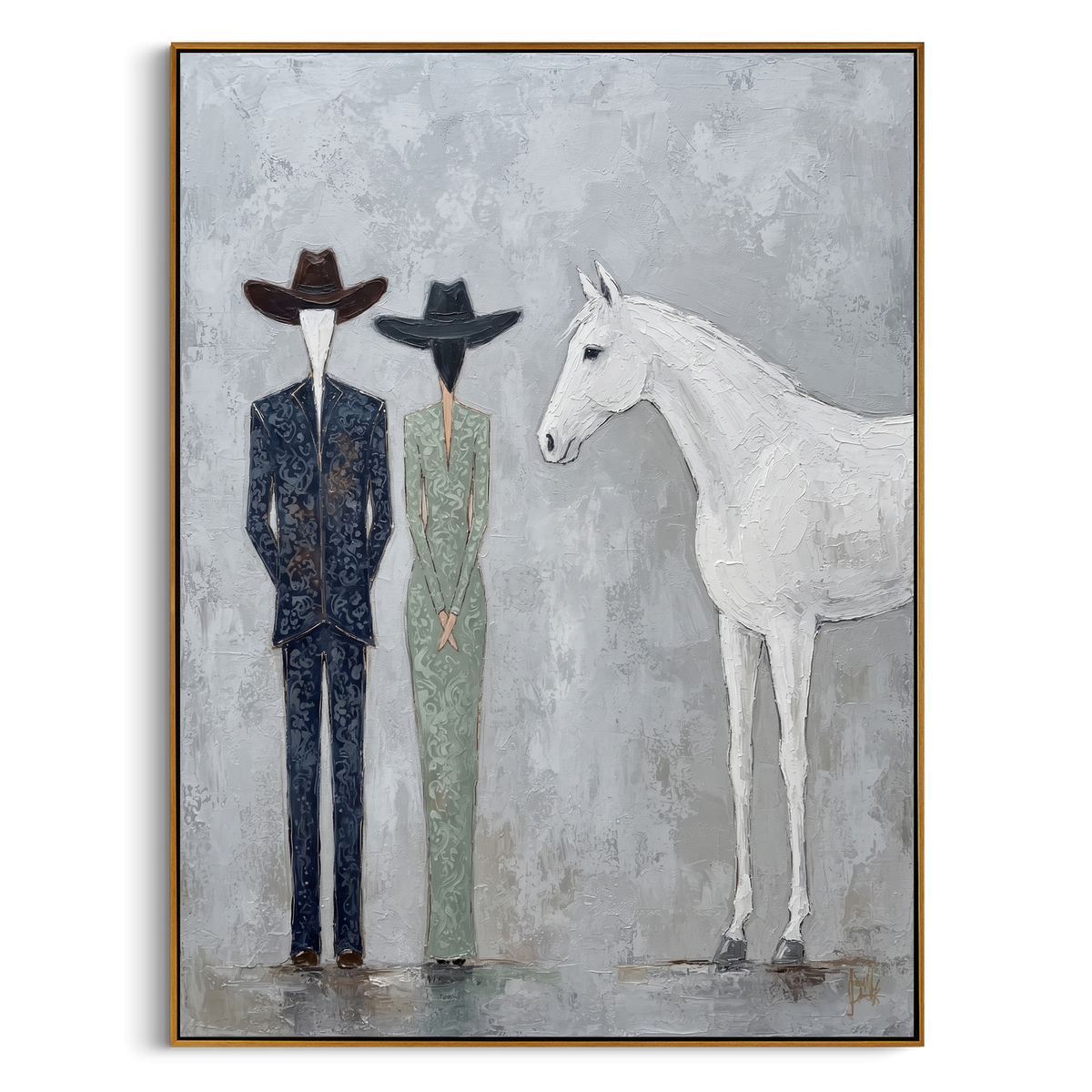 "Grey Western White Horse Painting" - Modern Heavy Impasto Western Animal Artwork | Grey & Green Palette Knife Painting | Luxury Vertical Wall Art #PT 959