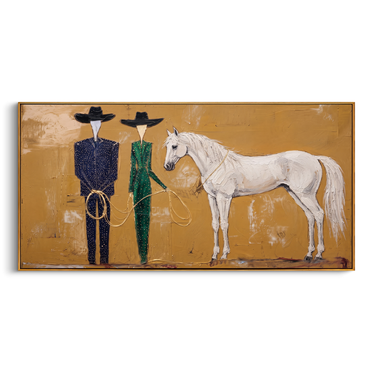 "Golden Western White Horse Painting" - Modern Heavy Impasto Western Animal Artwork | Golden & Green Palette Knife Painting | Luxury Horizontal Wall Art #PT 960
