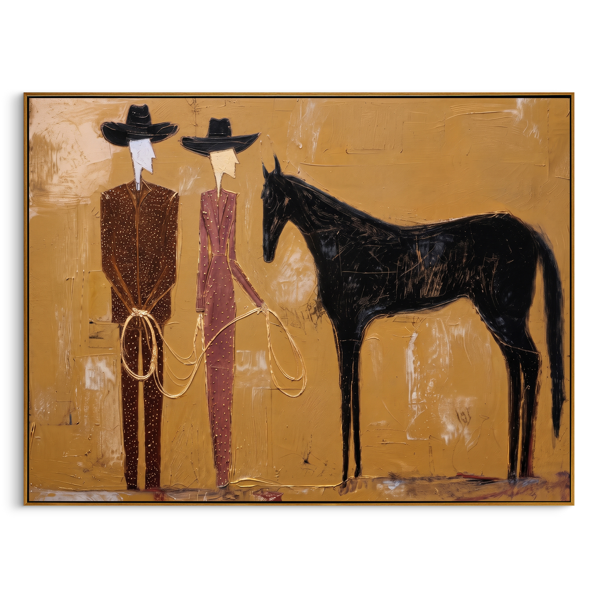 "Black Horse Western Handlers Painting" - Modern Heavy Impasto Western Animal Artwork | Golden & Black Palette Knife Painting | Luxury Horizontal Wall Art #PT 961