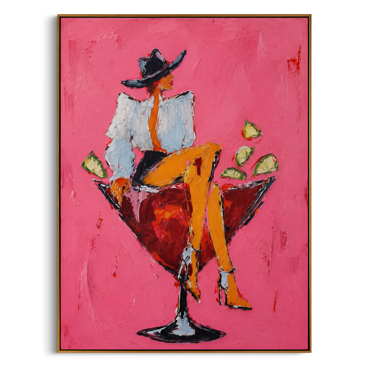 "Pink Seated Cocktail Figure Painting" - Modern Heavy Impasto Coastal Landscape | Pink & Red Palette Knife Painting | Luxury Vertical Wall Art #PT 964