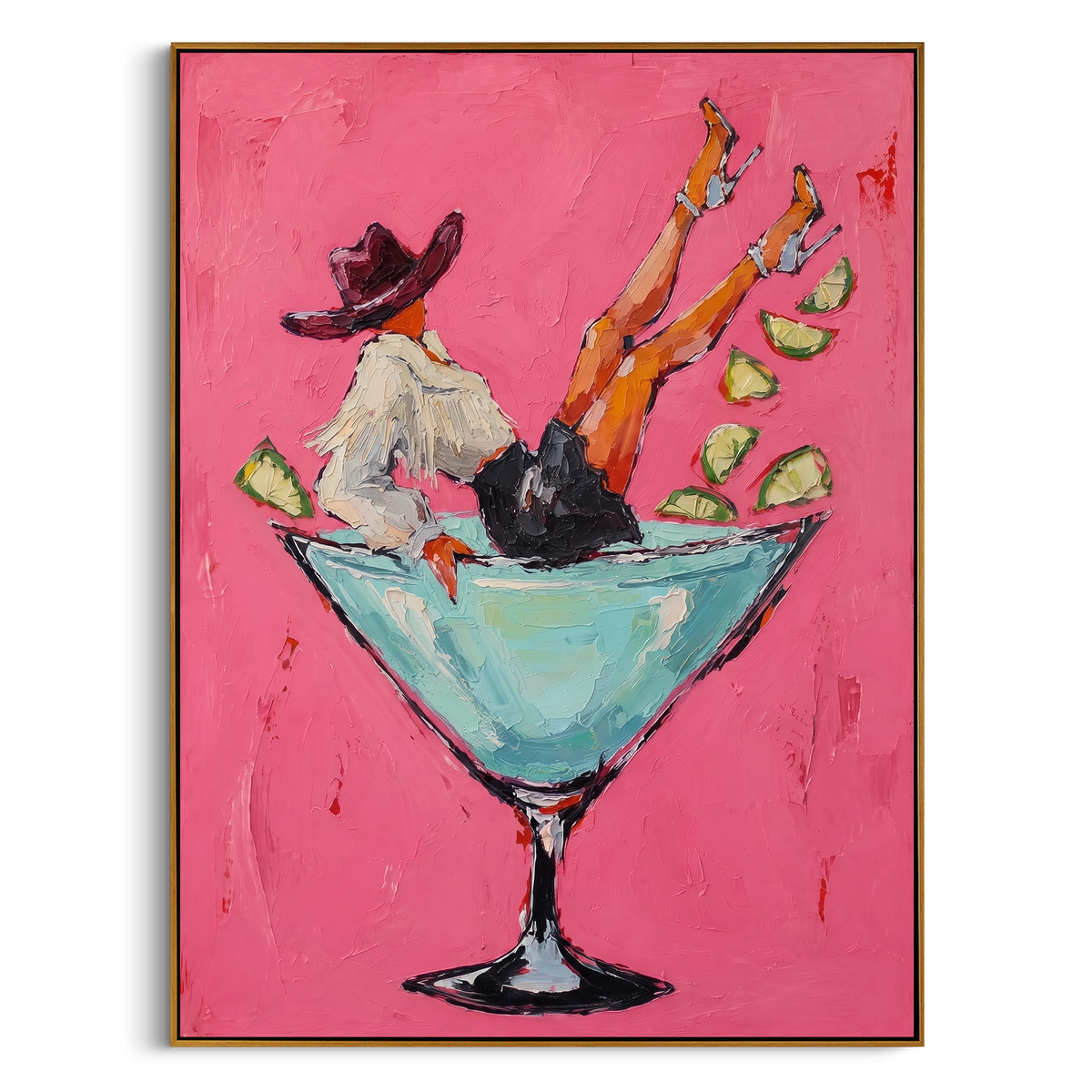 "Turquoise Cocktail Figure Painting" - Modern Heavy Impasto Western Animal Artwork | Pink & Blue Palette Knife Painting | Luxury Vertical Wall Art #PT 965